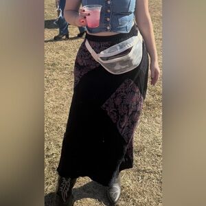 Vintage Bohemian Midi Skirt with Purple Paisley Panels & Lace Details